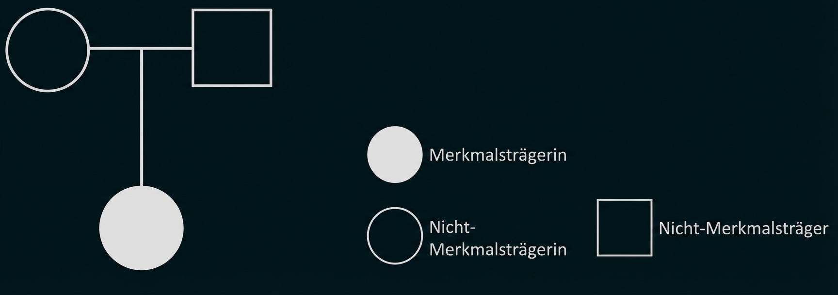 Stammbaum: weiße Eltern (Kreis, Quadrat) mit betroffenem Kind (schwarzer Kreis); Legende erklärt die Symbole.
